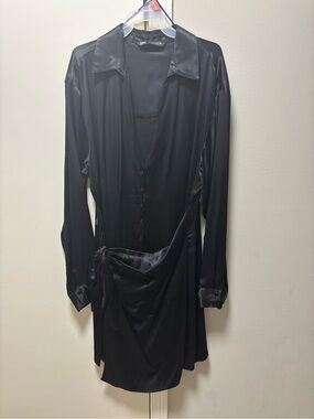 Zara Black Satin Long-Sleeve Button Dress with Wrap Detail